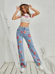 Heart Pattern High Waist Straight Jeans Slash Pockets Denim Pants