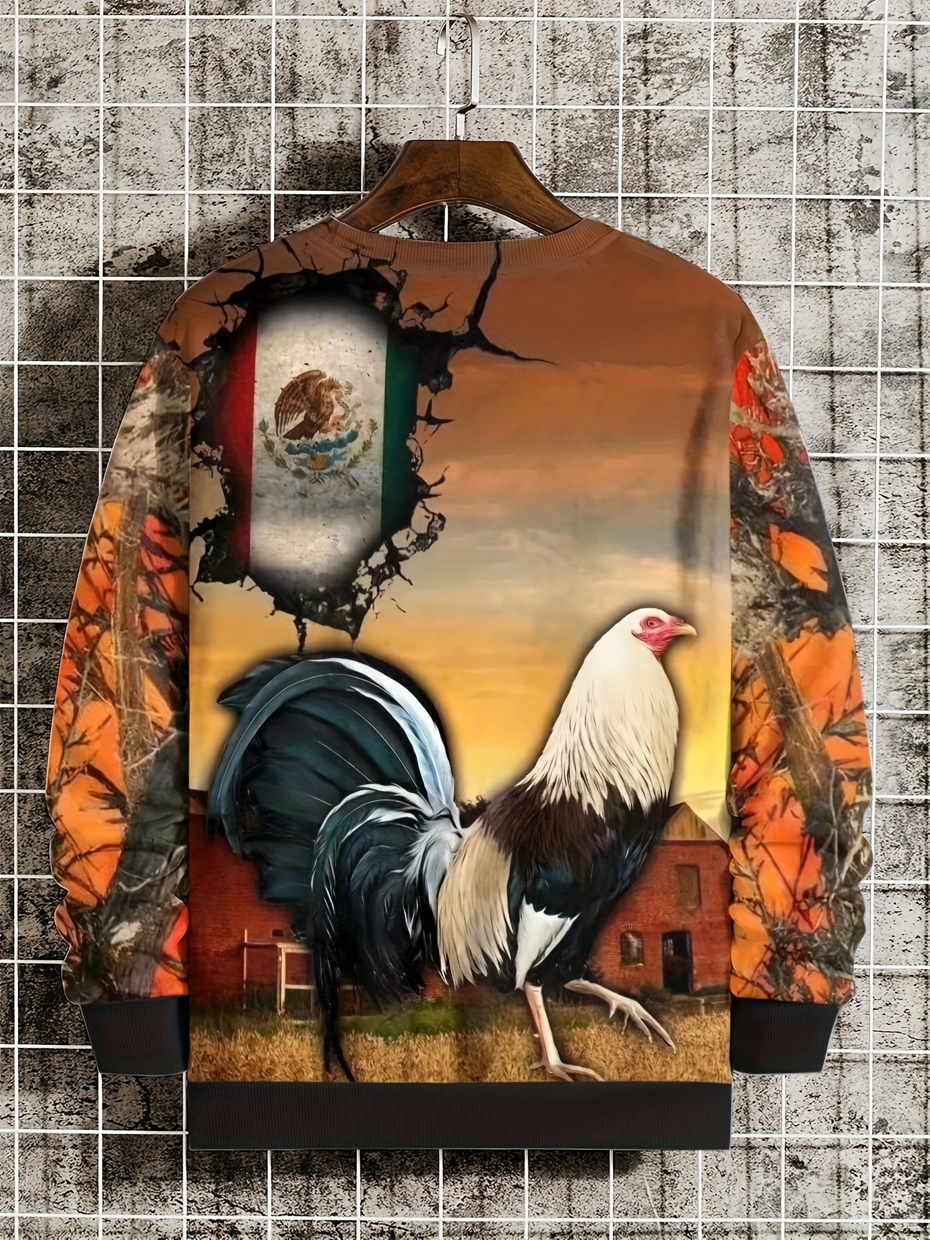Mexico Rooster Print Men's Sweatshirt Loose Pullover for Autumn Winter