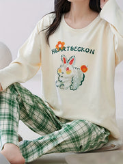 Bunny Print Pajama Set Long Sleeve Crew Neck & Plaid Pants