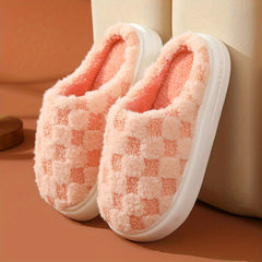 Women's Plaid Pattern Slippers Slip On Round Toe Non slip Home Fluffy Slides Sho