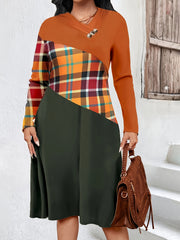 Colorblock Plaid Print V-Neck Dress