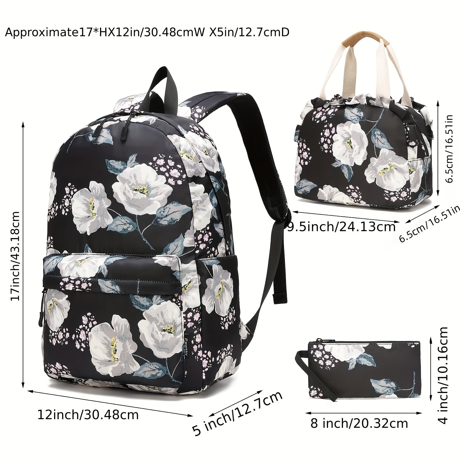 Kids Floral Backpack Set - School Bookbag, Lunch Bag, Pencil Case