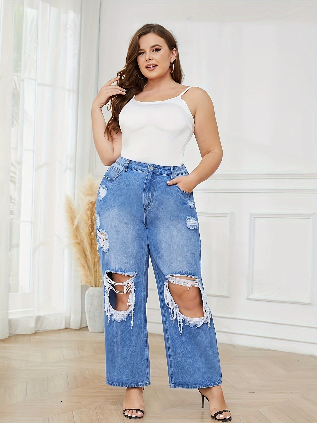Ripped High Rise Wide Leg Jeans