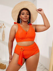 Vacay Bikini Set Solid V Neck Tie Shoulder Bra & Ruched Panty Swimsuit