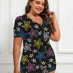 Casual Pajama Romper Women's Plus Graffiti Star Print Button Up