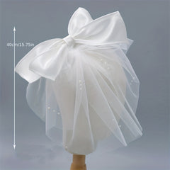 Short Bridal Head Veil with Comb & Bow - Wedding Accessory