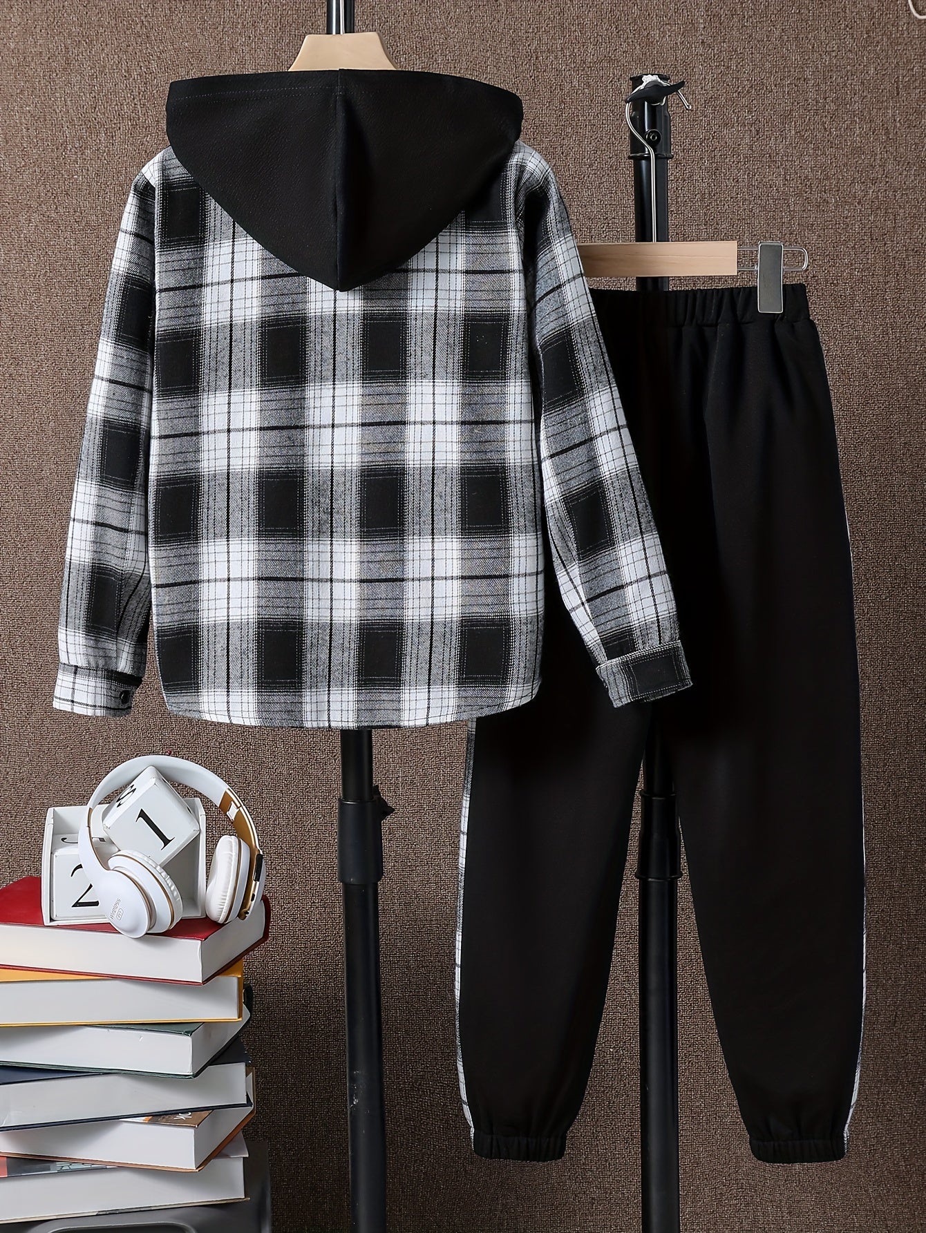 Boy's Plaid Hooded Shirt & Sweatpants Set Street Style Outfits
