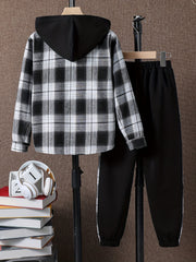 Boy's Plaid Hooded Shirt & Sweatpants Set Street Style Outfits