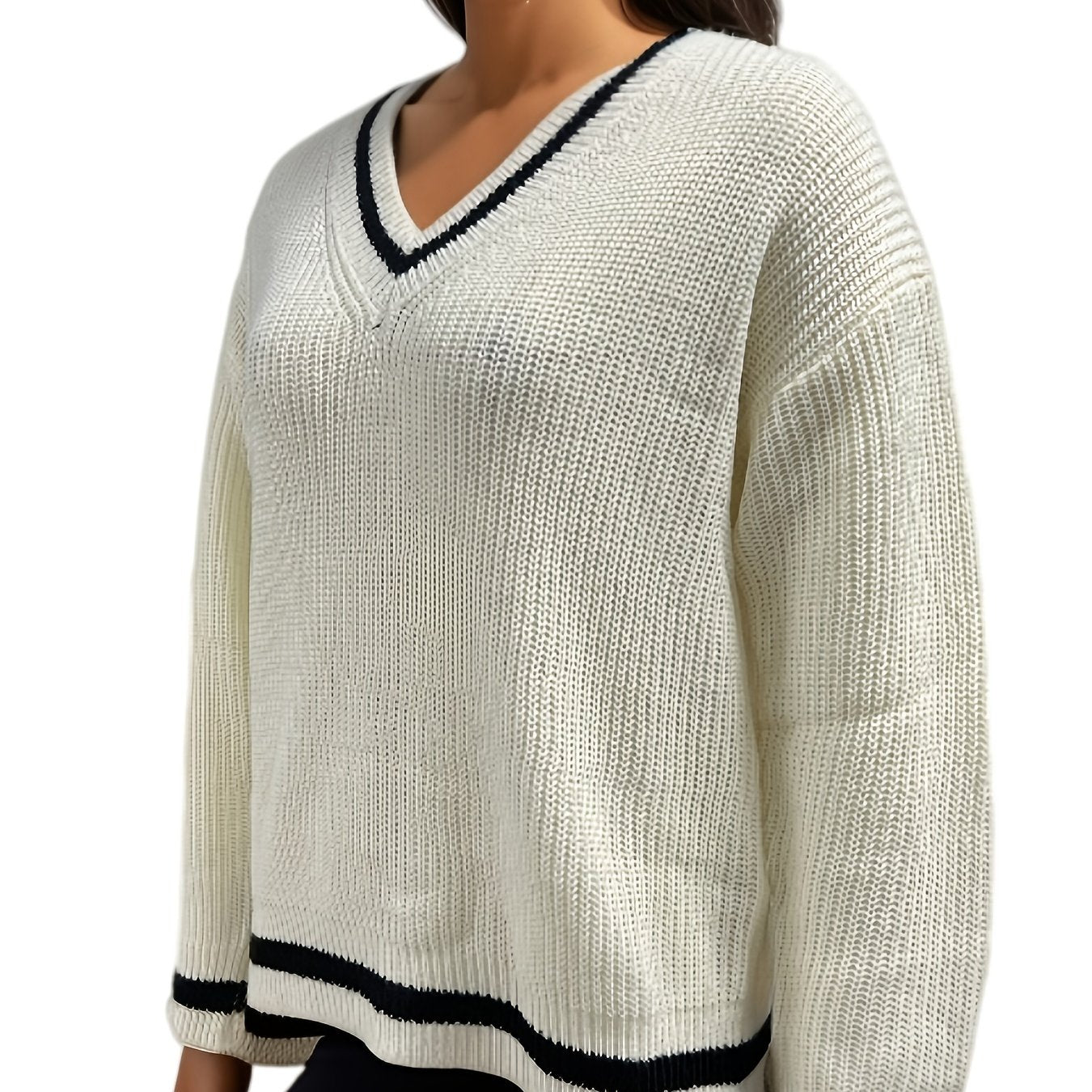 Striped Trim Knit Sweater V Neck Long Sleeve