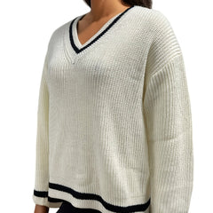Striped Trim Knit Sweater V Neck Long Sleeve