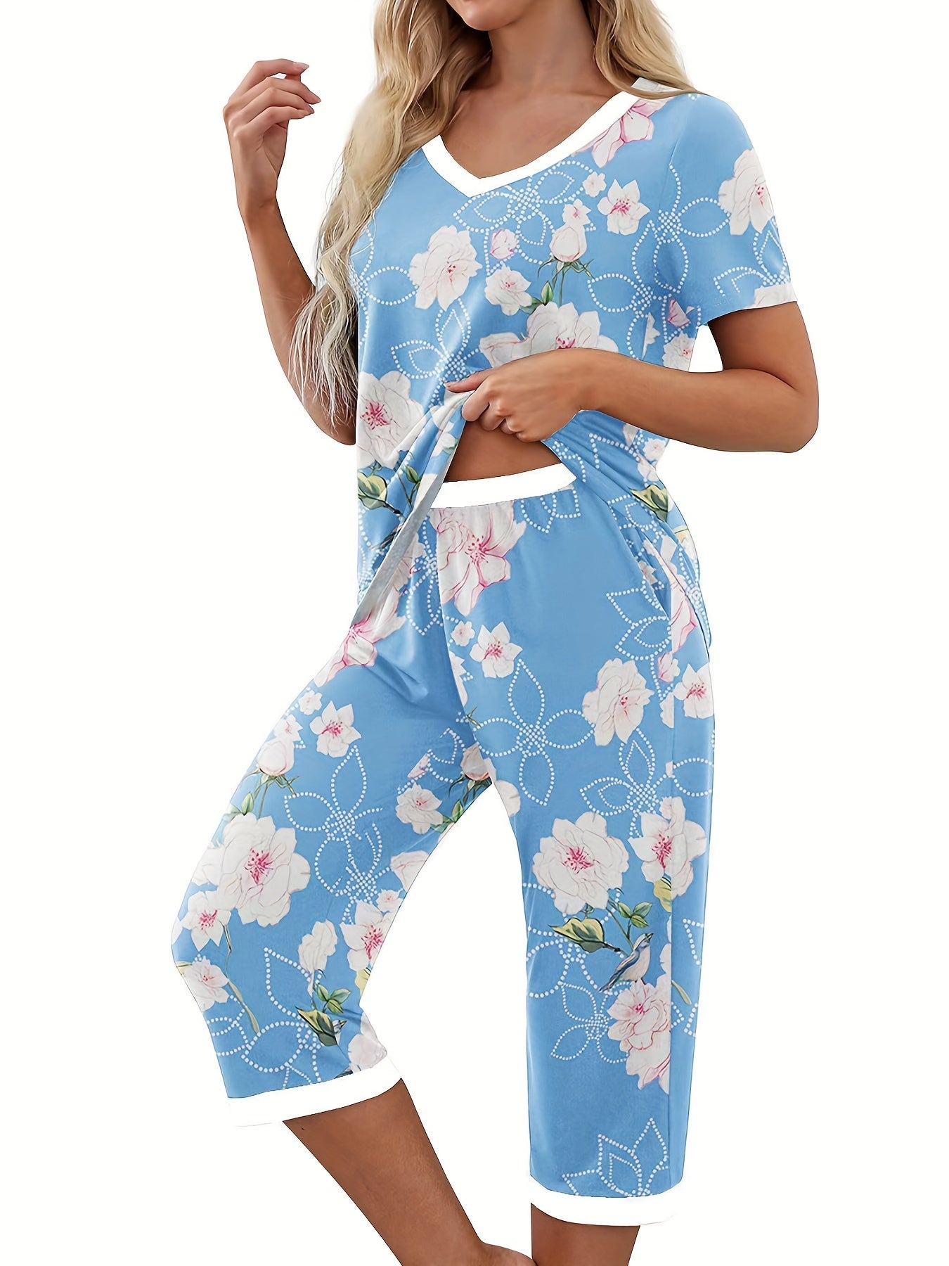 Leopard Print Lounge Set V Neck Short Sleeve Top & Elastic Waistband Pants