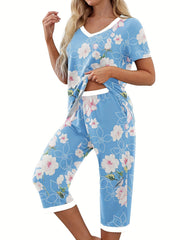 Leopard Print Lounge Set V Neck Short Sleeve Top & Elastic Waistband Pants