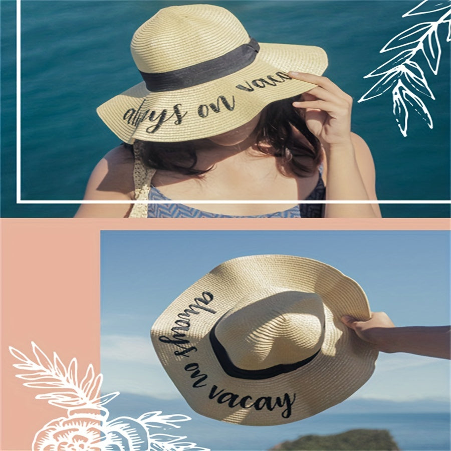 Sunshine Embroidery Sun Hat Wide Brim Floppy Khaki Straw Hat
