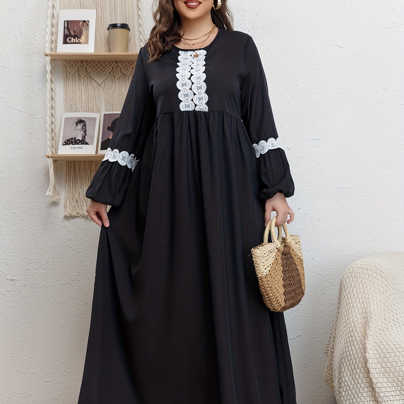 Abaya Dress Women's Plus Contrast Lace Maxi Dress