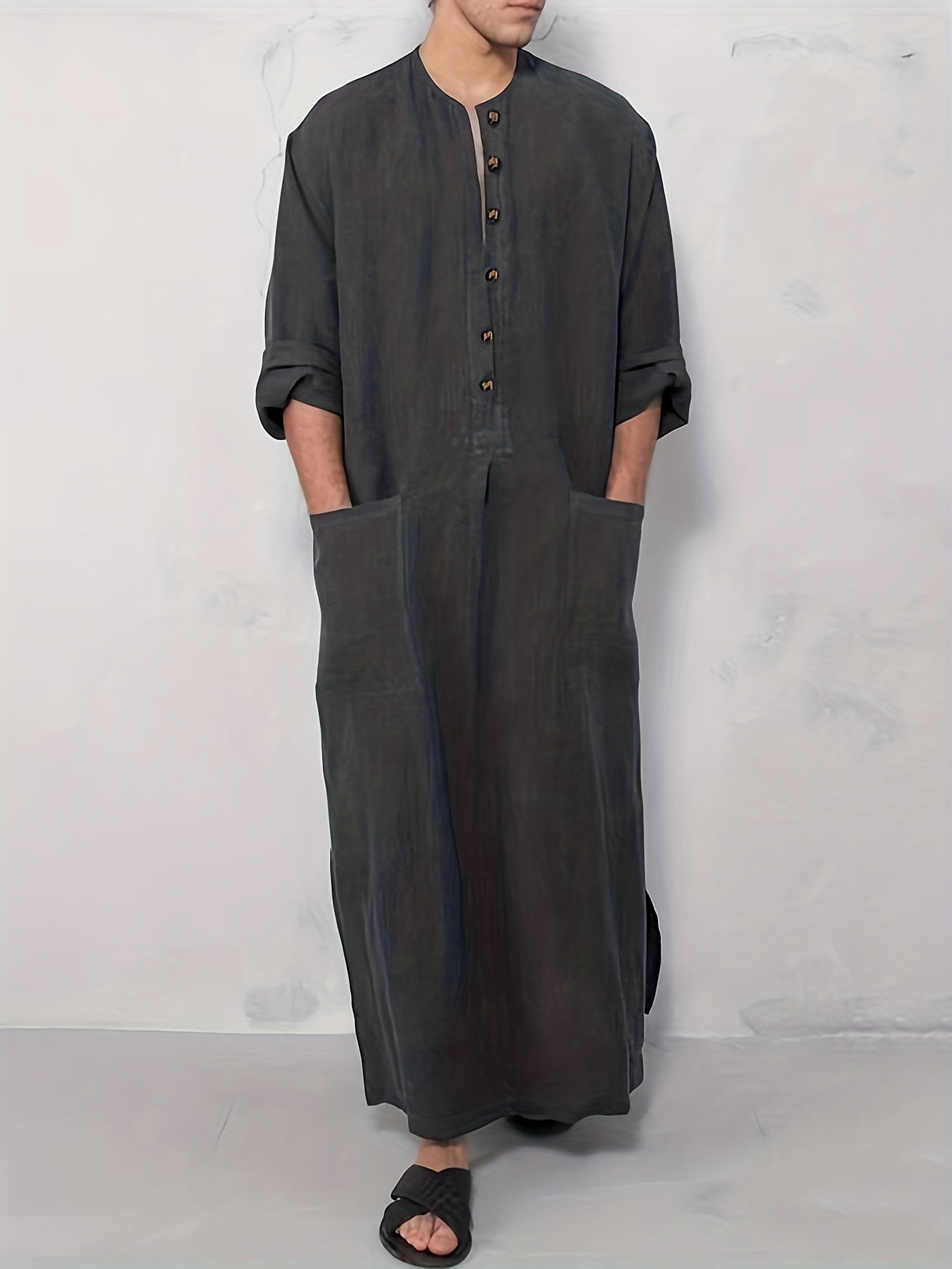 Cotton Muslim Men Long Sleeve Thobe Saudi Arab Kaftan Islamic Dubai Robe