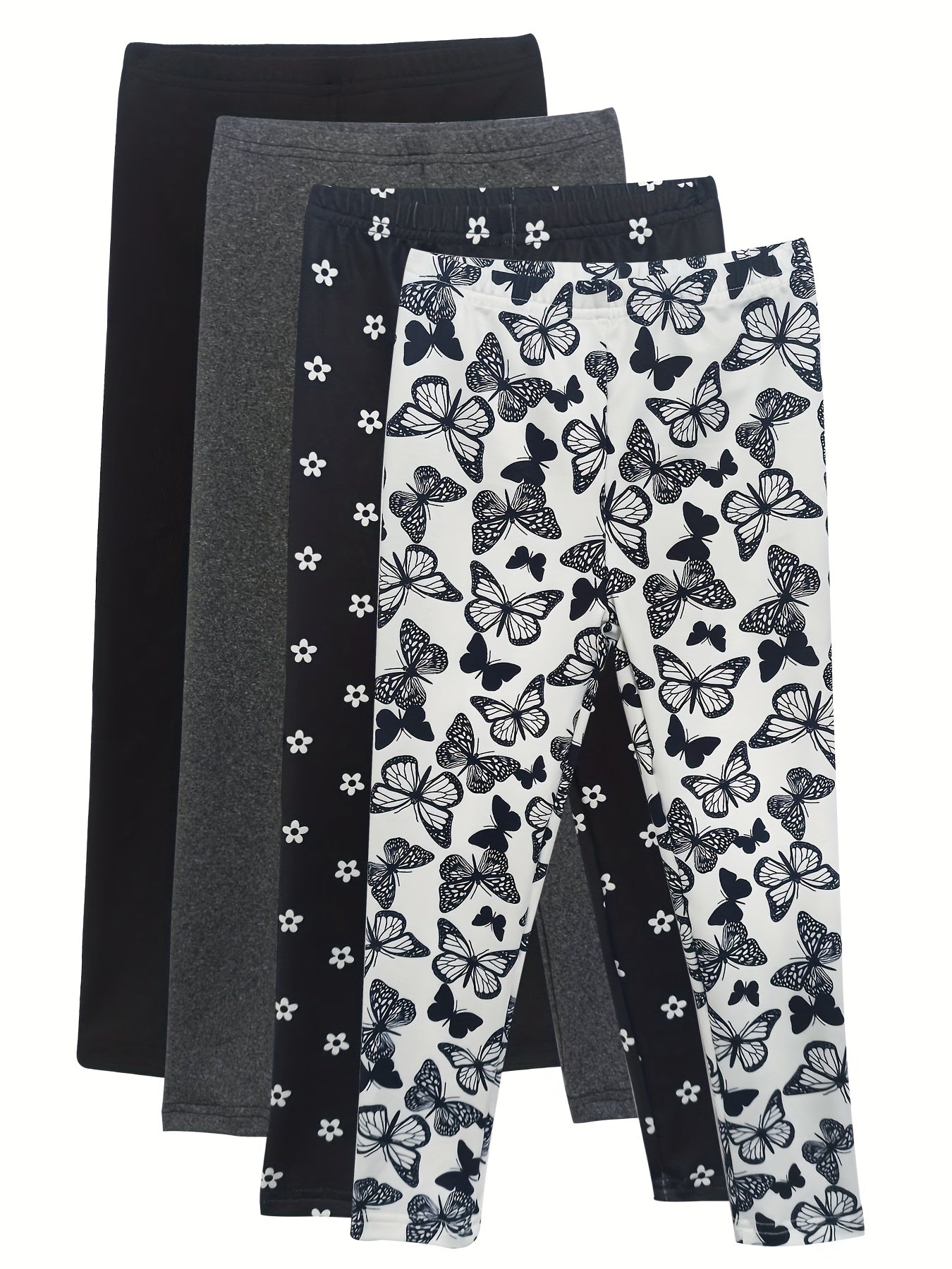 4pcs Girls' Full Print Stretch Skinny Legging Pants Butterfly Floral Print