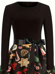 Colorblock Christmas Print Tie Front A-line Maxi Dress