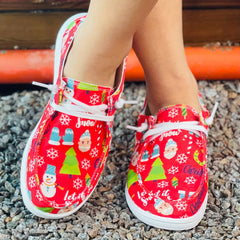Women's Christmas Cartoon Print Skateboard Shoes Lightweight Low Top Red