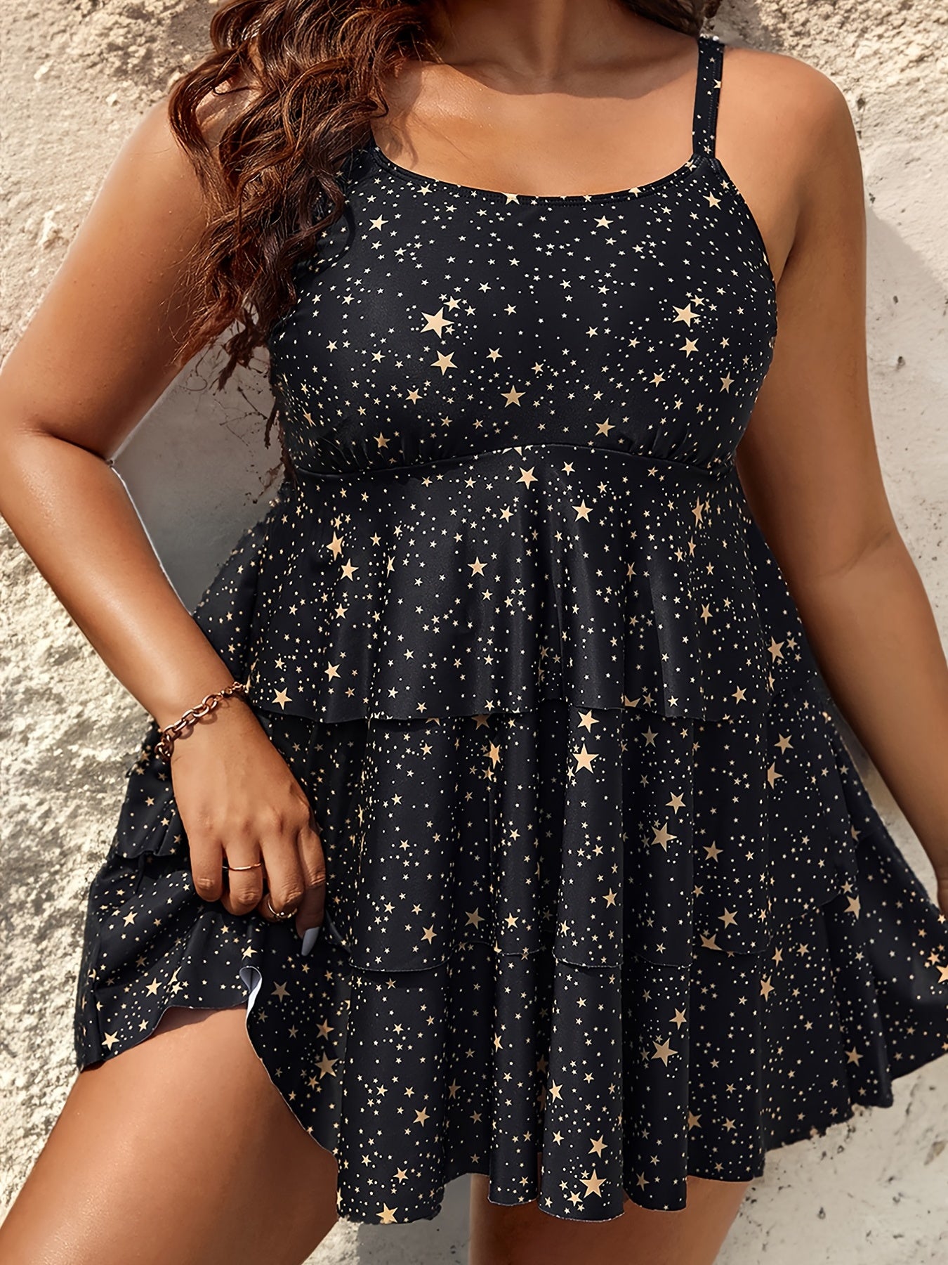 Star Print Ruffle Trim Tankini Set