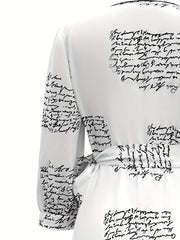 Letter Print Wrap Dress Casual V Neck 3 4 Sleeve Maxi Dress Women's Clothing
