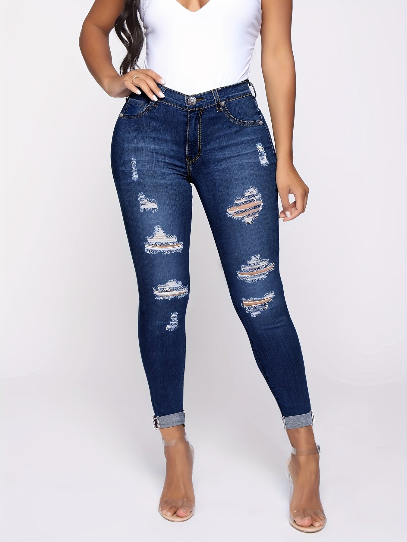 Dark Ripped Holes Skinny Jeans Slim Fit