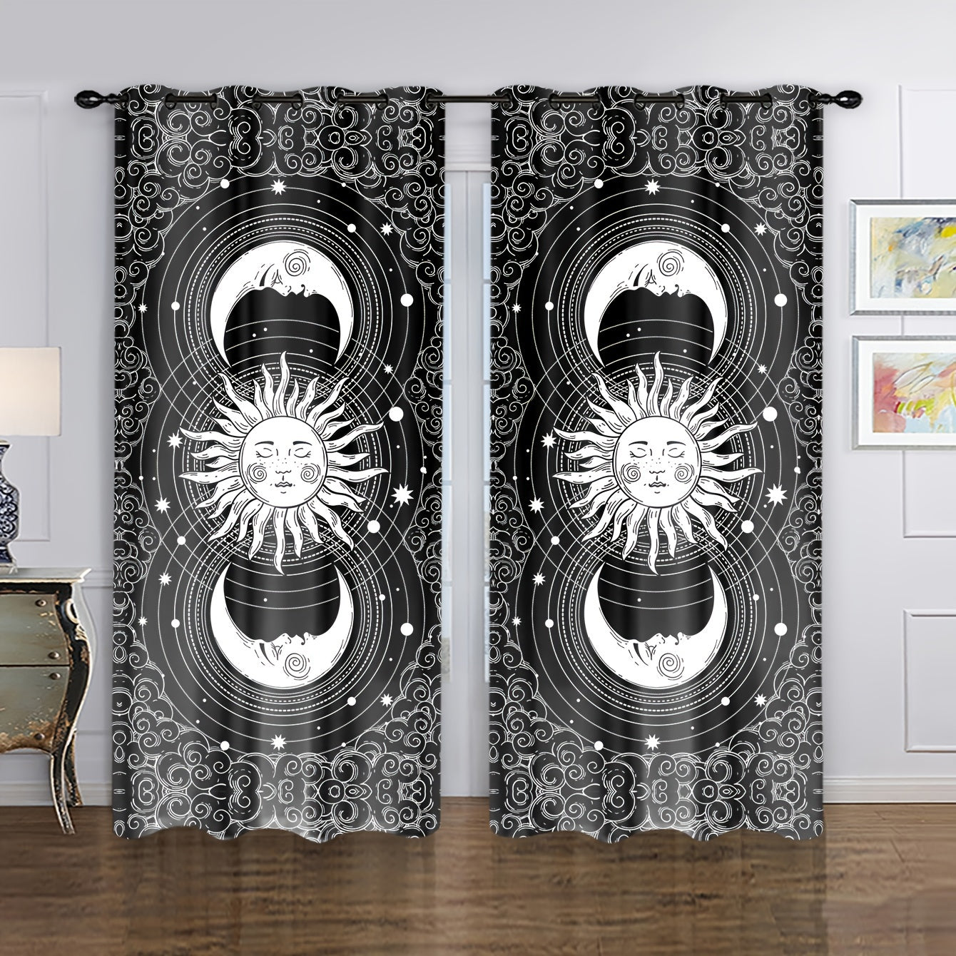 2pcs Sun Moon Print Curtain Window Curtain For Home Decoration