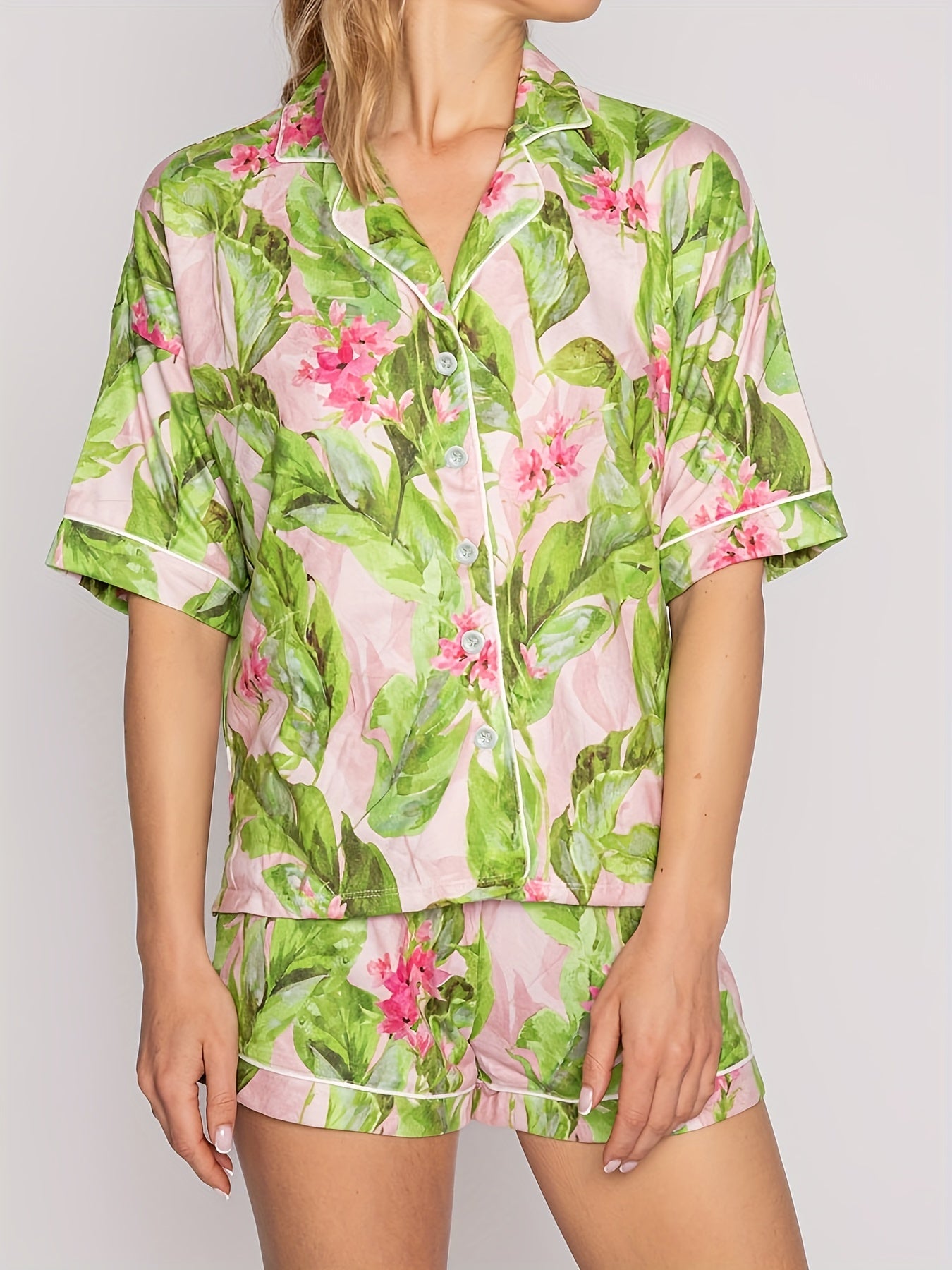 Women's Plus Floral Print Button Up Shirt & Shorts Pajama Set