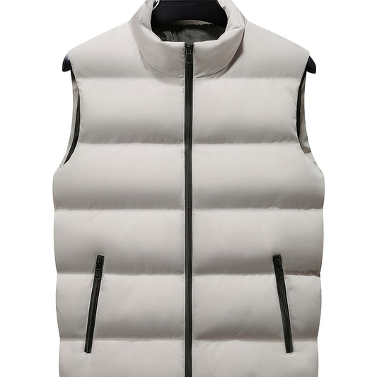 Men's Sleeveless Cotton Padded Jacket Winter Stand Collar Faux Down Zip Vest
