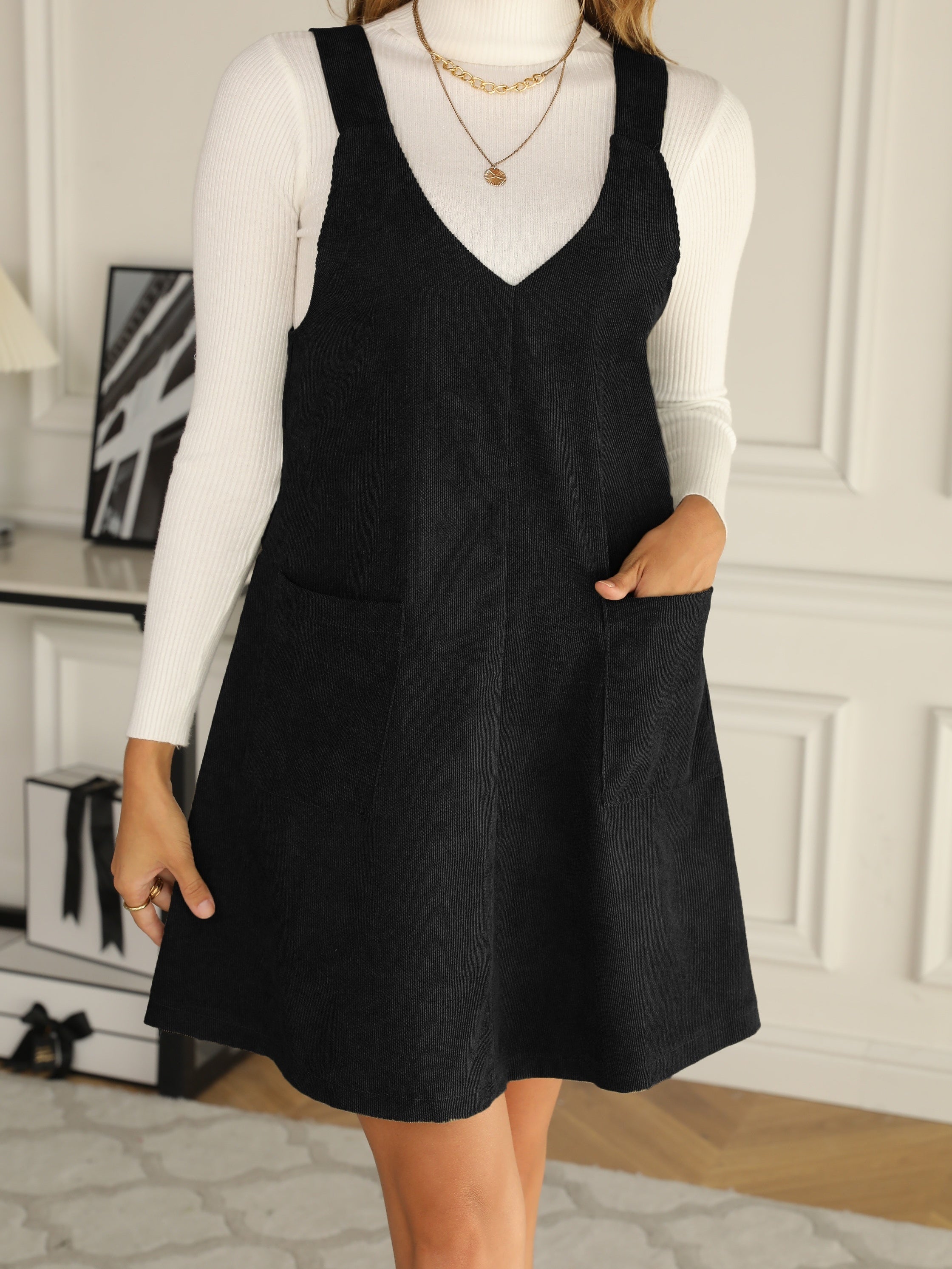 Casual V Neck Sleeveless Pocket Front Dress Women's Clothing