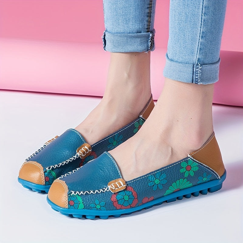 Women's Floral Print Flat Loafers Soft Sole Slip On Shoes