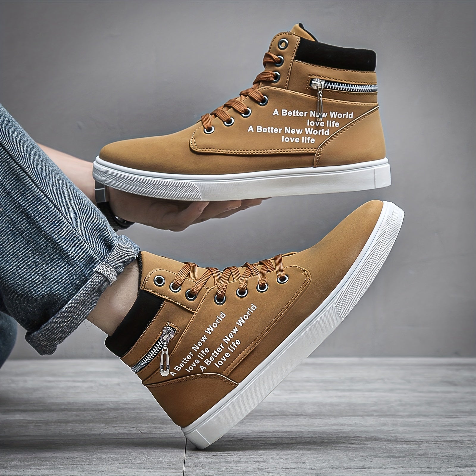 Men's High Top Lace up Sneakers with Zipper, Skate Shoes