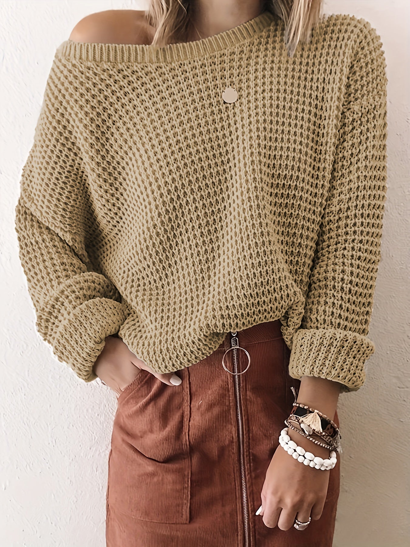 Casual Sweater Women's Plus Solid Long Sleeve Round Neck Knit Pullover