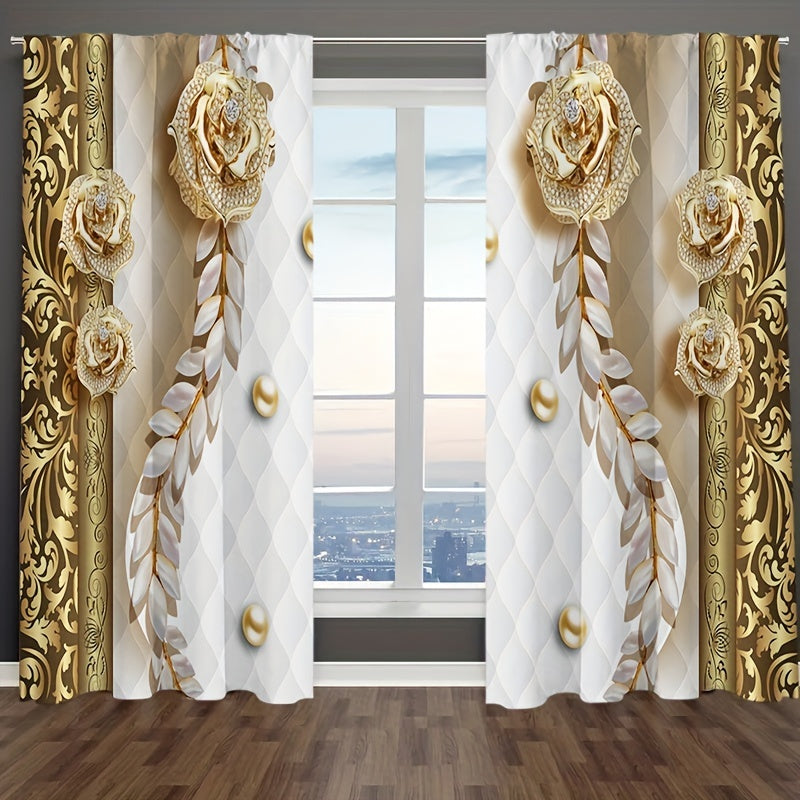 Marble Floral Printed Rod Pocket Curtains - Set of 2