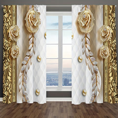 Marble Floral Printed Rod Pocket Curtains - Set of 2