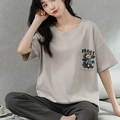 Bunny Print Lounge Set Short Sleeve Crew Neck Top & Pants