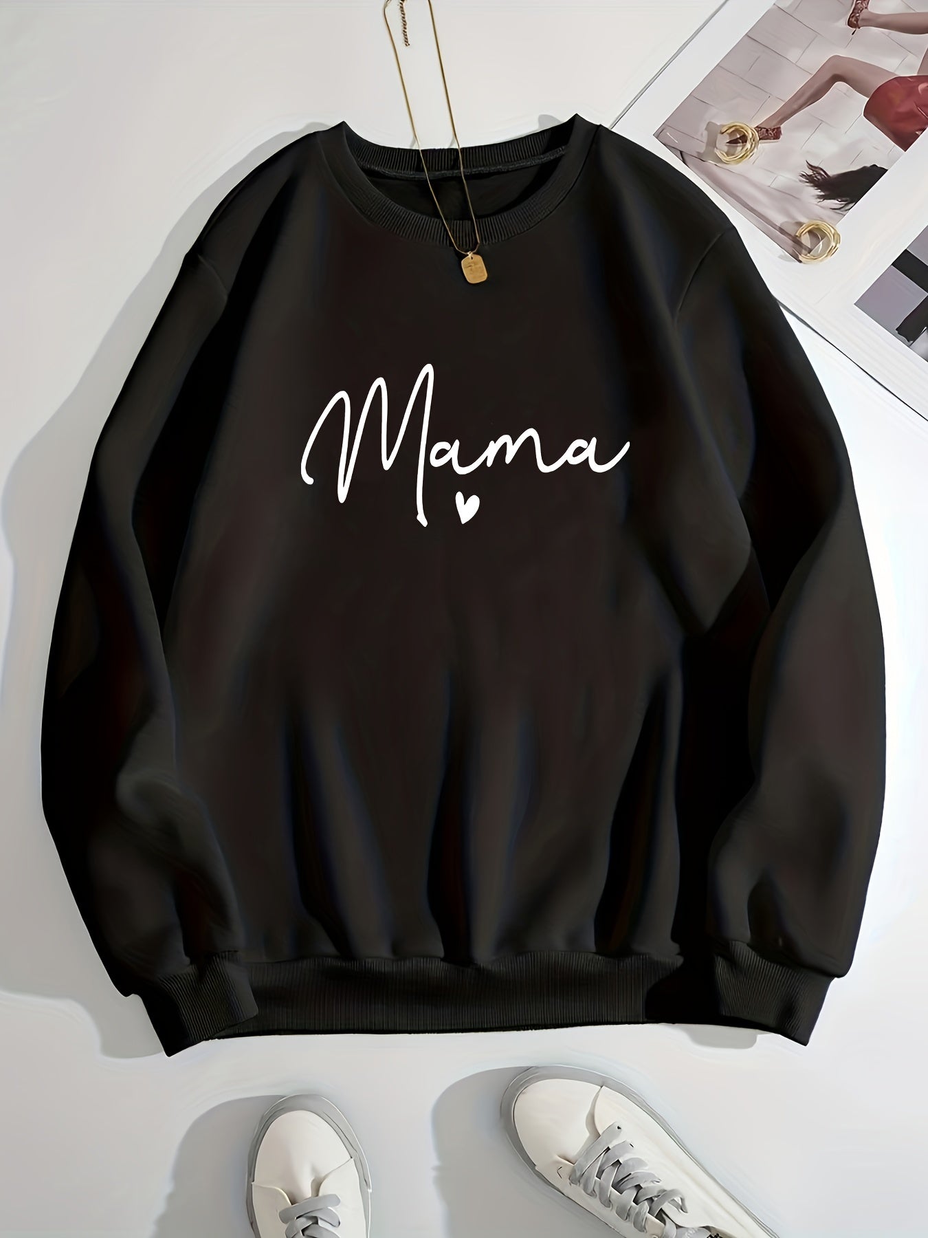Mama Letter Print Pullover Sweatshirt for Fall & Winter Women's Clothing