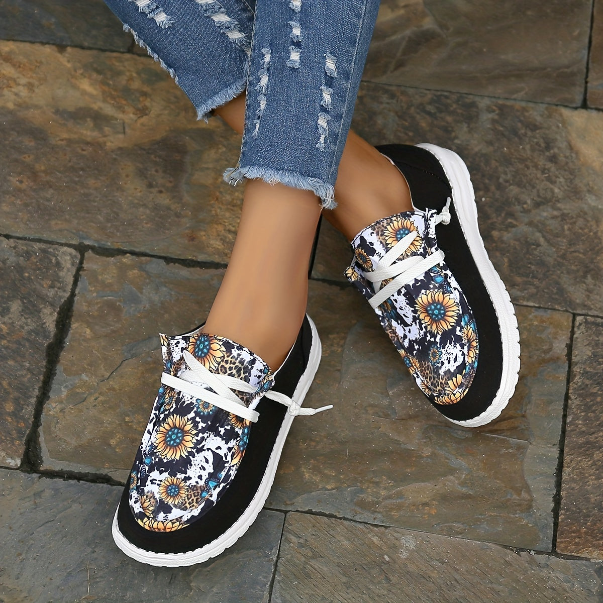 Women's Sunflower Printed Flat Loafers Casual Lace Up Canvas Shoes