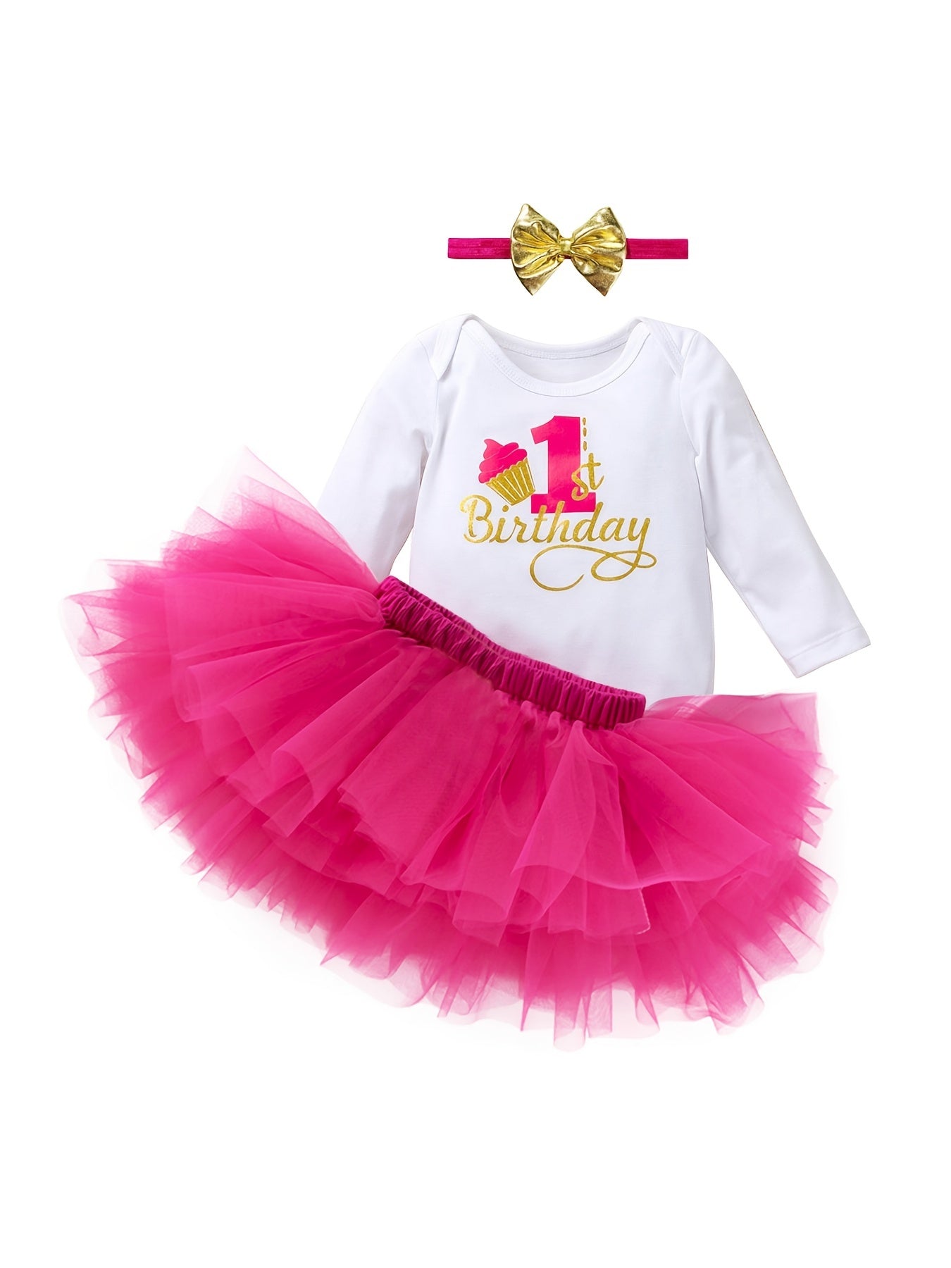 3pc Baby Girls Long Sleeve Onesie Set with Mesh Skirt & Headband