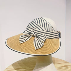 Striped Ponytail Sun Hat Straw Visor Bowknot Beach Hat for Women