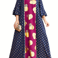 Boho Abaya Dress Women's Plus Golden Dot Print Layered Sleeve Maxi