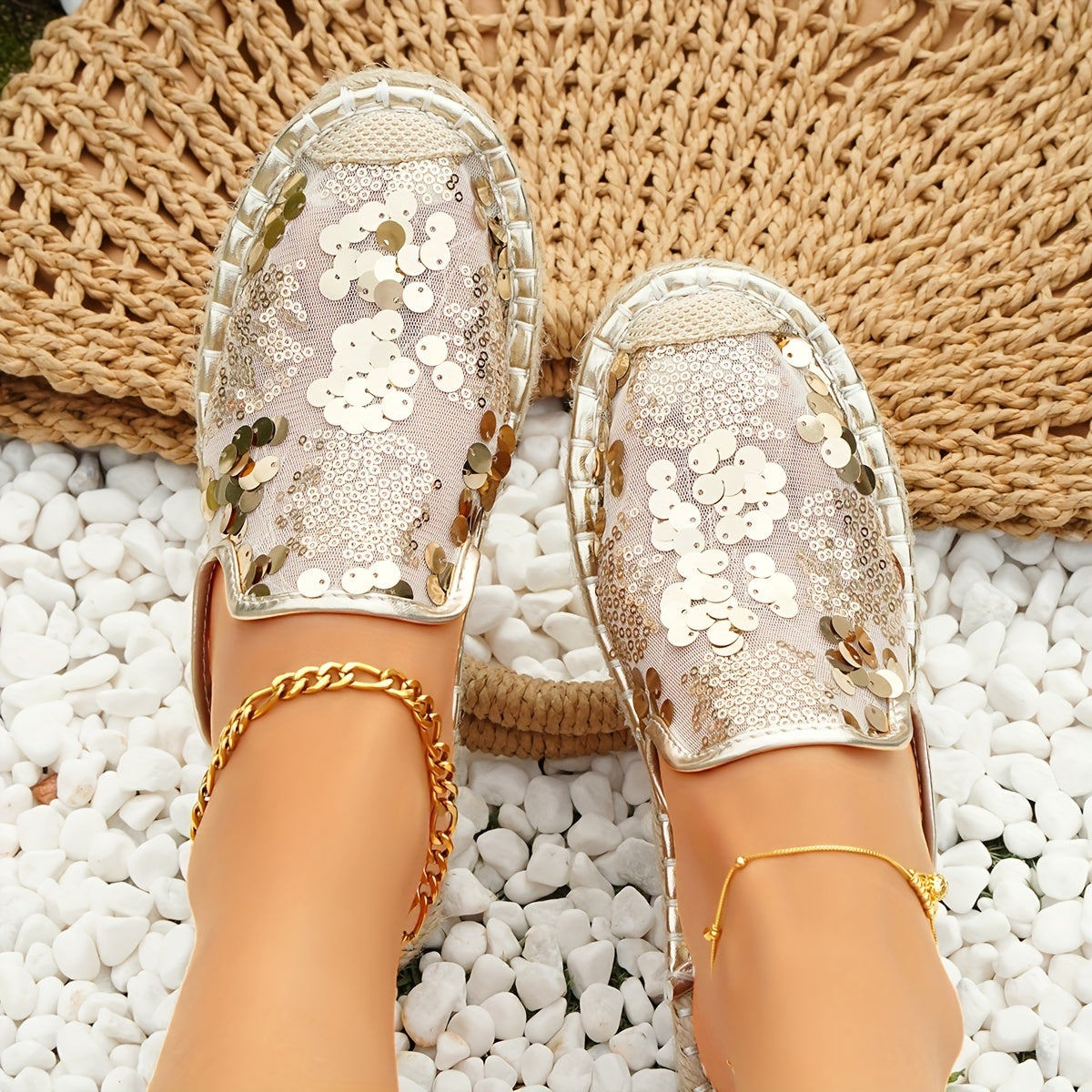 Sequins Mesh Panel Slip On Espadrilles Shoes Glitter Comfy Summer Shoes
