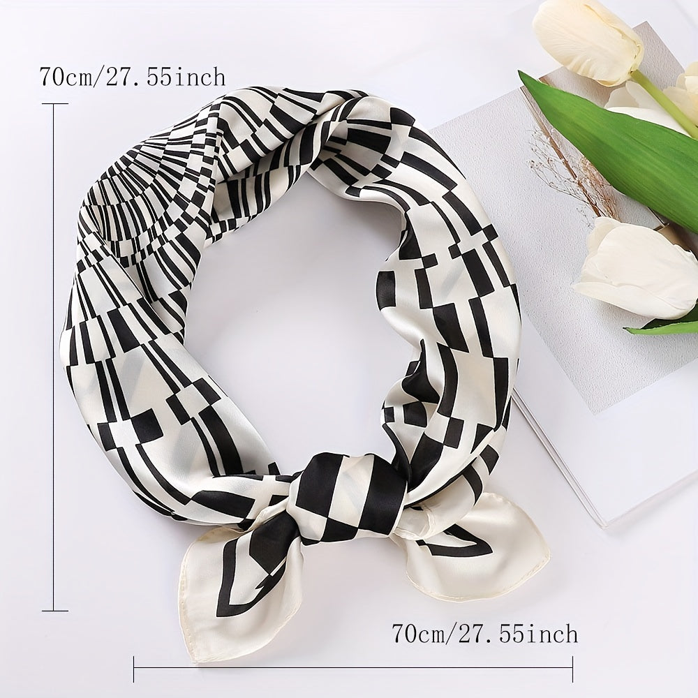 Geometric Plaid Print Satin Square Scarf Bandana Women Head Scarf