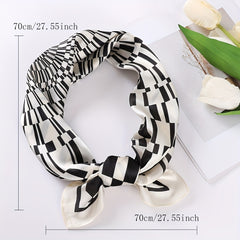 Geometric Plaid Print Satin Square Scarf Bandana Women Head Scarf