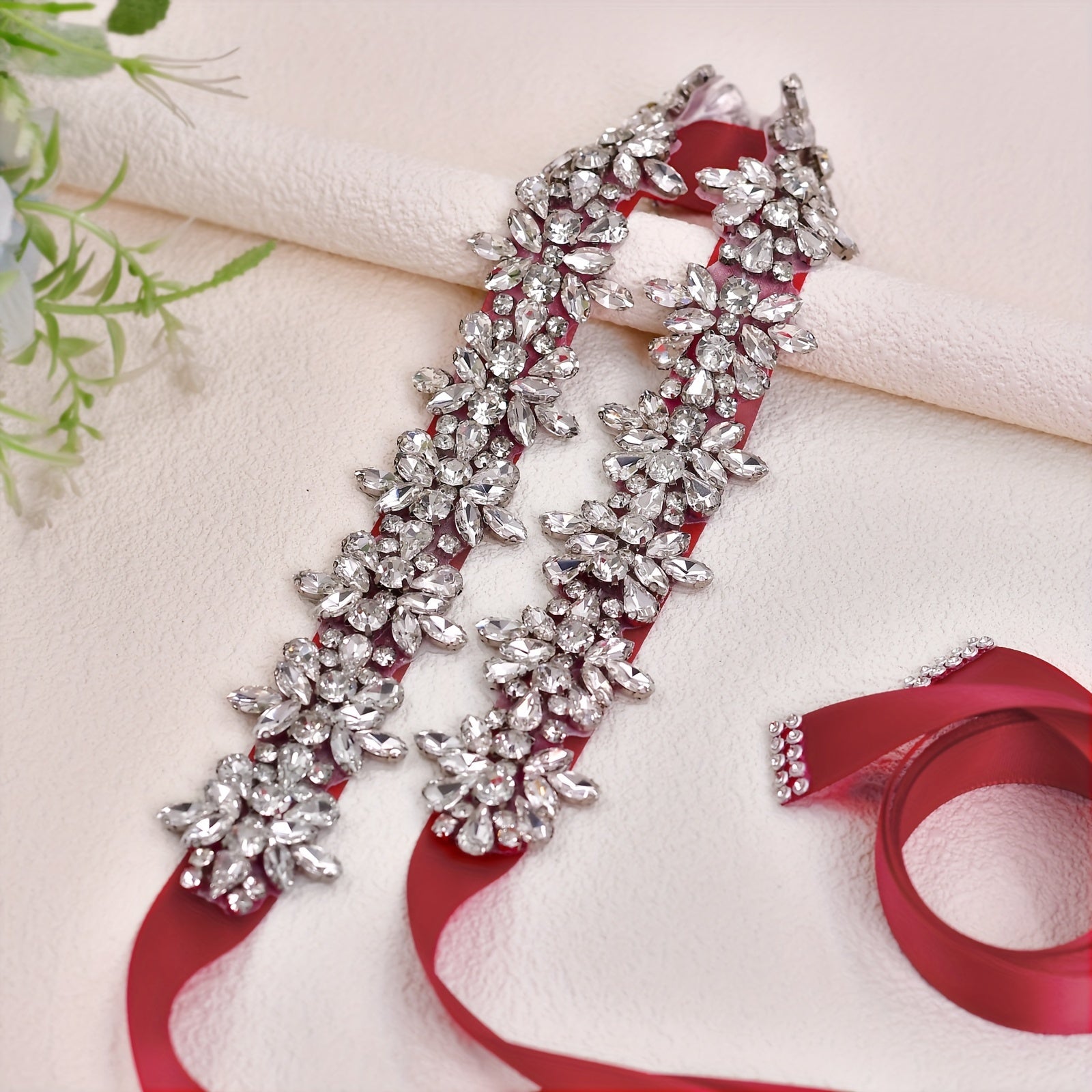 Rhinestone Bridal Sash Red Ribbon with Sparkling Floral