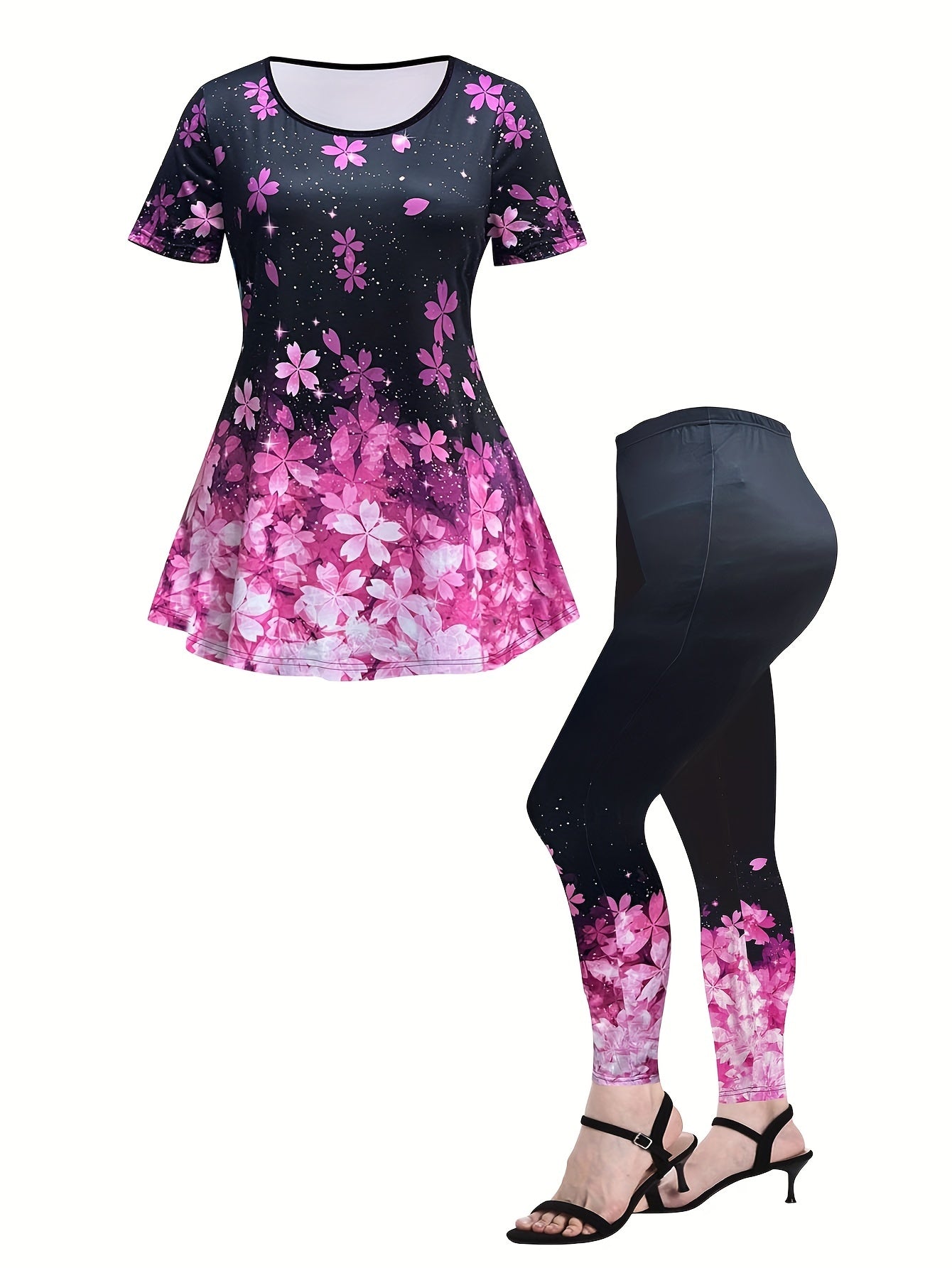Women's Plus Glitter Floral Print Top & Leggings Set