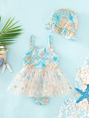 2pcs Toddler Girls Fish Scales Cami Swimsuit & Cap Set