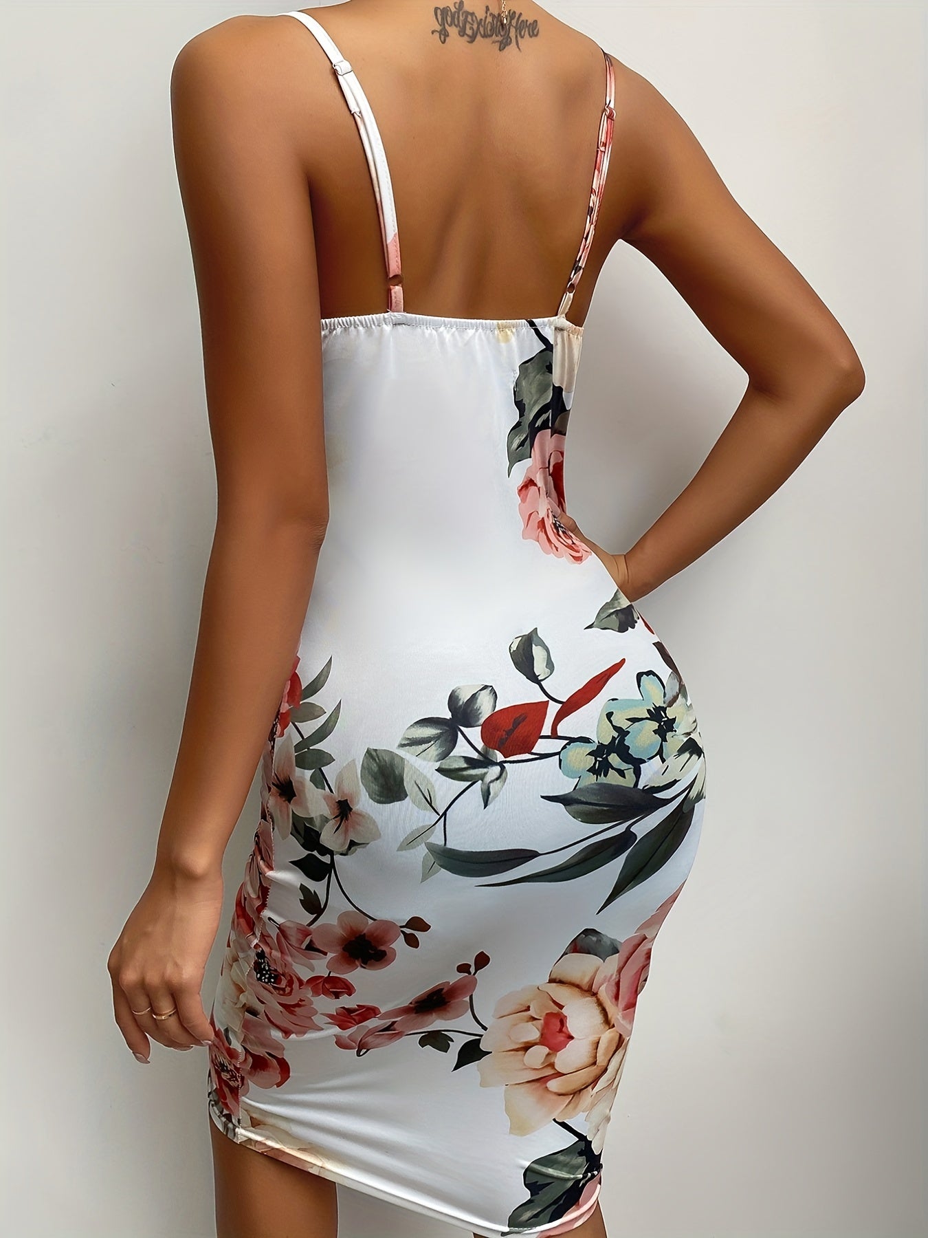 Floral Print Bodycon Cami Dress Sexy Backless Spaghetti Dress