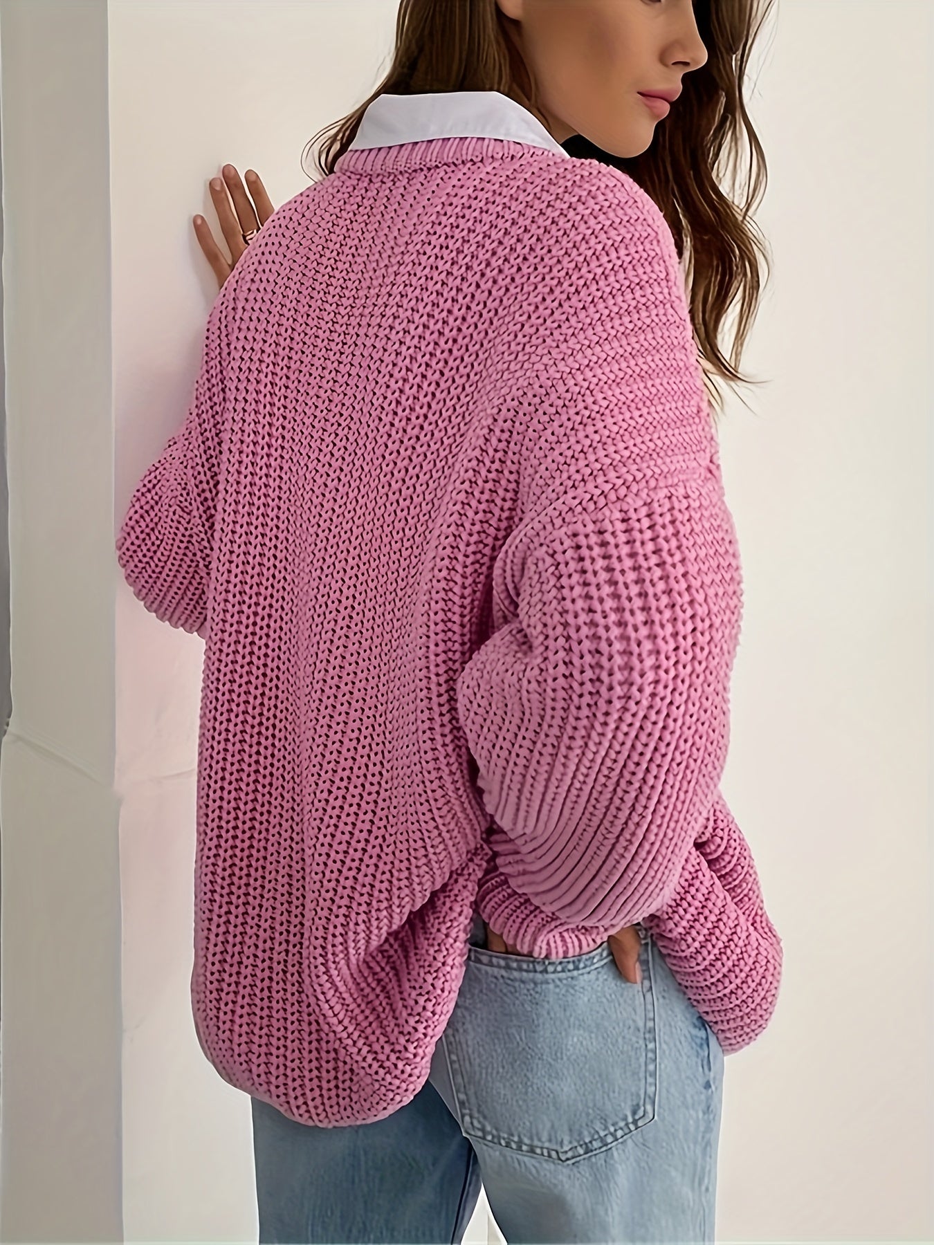 Solid Color Casual Sweater with Long Sleeves