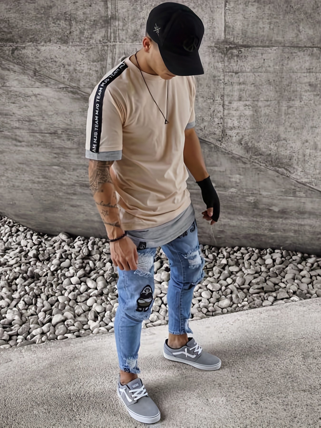 Embroidered Ripped Jeans Men's Slim Fit Distressed Denim Pants
