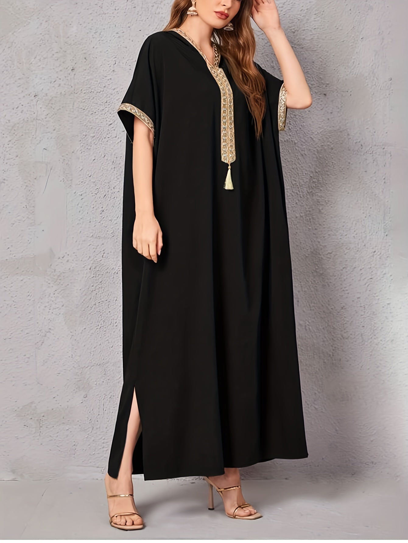 Contrast Guipure Lace Fringed Kaftan Dress